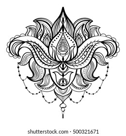 Black and white drawing of a lotus flower. Adult coloring book. Vintage bohemian style. Vector illustration.
