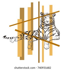 black and white drawing of lying tiger, sketch illustration