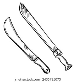 Black and white drawing of Machete. Vector illustration of a machete.