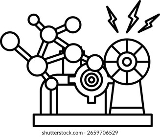 A black and white drawing of a machine with a lot of gears and a lot of circles. The machine is described as a "factory" and "machinery"