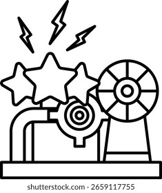 Un dibujo en blanco y negro de una máquina con una estrella y un rayo. El dibujo es de una máquina que se utiliza para crear energía