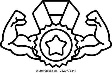A black and white drawing of a man with bulging muscles and a star on his chest. The drawing conveys a sense of strength and achievement