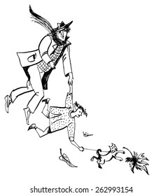 black and white drawing of a man with a child and a dog for a walk