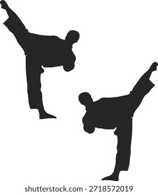 A black and white drawing of a man doing a kick
Hand drawn karate silhouette set
