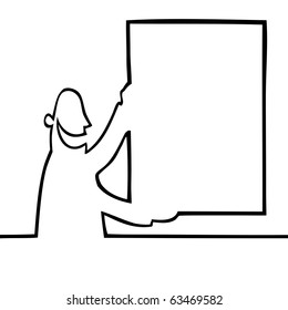 Black and white drawing of a man holding a bulletin board up in the air. Can be used for any kind of textual or visual message or ad.