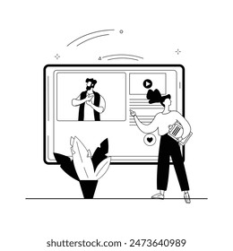 A Black And White Drawing Of A Man And Woman Digital Creator Outline Illustrations Set, Outline Drawing Vector Online Working Template Set.