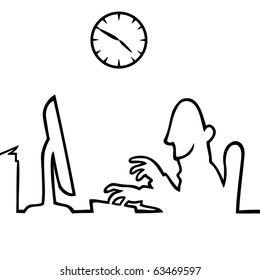 Black and white drawing of a man working behind a computer, with a clock in the background at 4:50 PM, nearing the end of the working day.