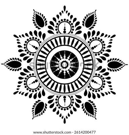 A black and white drawing of a mandala with a circle in the middle