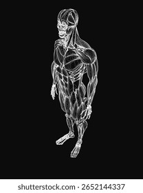 Um desenho em preto e branco do sistema muscular de um homem revela detalhes intrincados da anatomia humana em um fundo escuro. A ilustração destaca os principais grupos musculares, ligamentos.