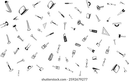 A black and white drawing of many different tools, including a hammer