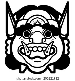 Black and white drawing of a mask - indonesian devil.