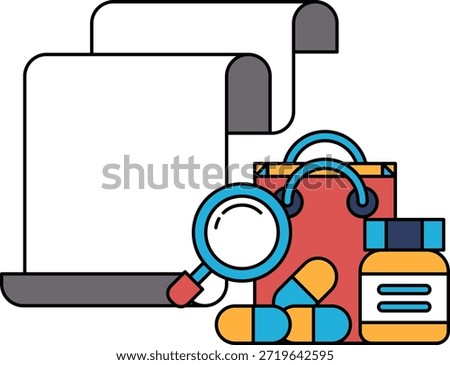 A black and white drawing of a medical document with a magnifying glass and a bag of pills