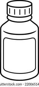 Black and white drawing of a medicine bottle. Coloring page. Cartoon style. Clip art of medicine bottle. Outline.