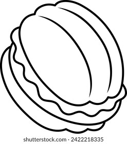 Black and white drawing of a Mexican torta prepared with telera bread, ham and lettuce. Cartoon style illustration.