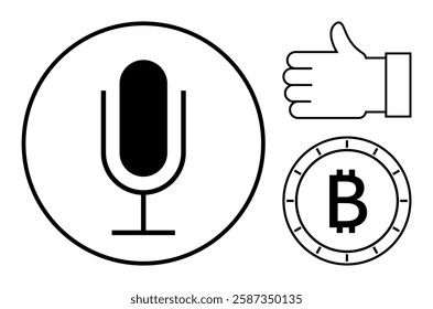 Black and white drawing of a microphone in a circle, thumbs up gesture, and Bitcoin symbol in a coin. Ideal for podcasting, digital currency, approvals, audio recording, social media, fintech