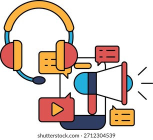 Eine schwarz-weiße Zeichnung eines Mikrofons mit einem Headset darauf. Die Zeichnung ist von einem Mikrofon mit einem Headset darauf, und es vermittelt die Idee der Kommunikation und Verbindung