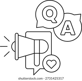 Un dibujo en blanco y negro de un micrófono con un signo de interrogación y una A encima. El dibujo pretende transmitir la idea de hacer preguntas y buscar respuestas