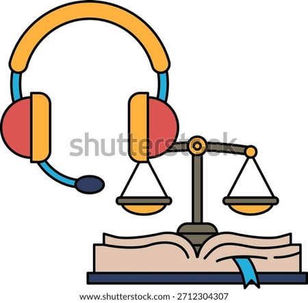 A black and white drawing of a microphone, scales of justice, and a book. The drawing conveys the idea of justice and the importance of listening to all sides of a story