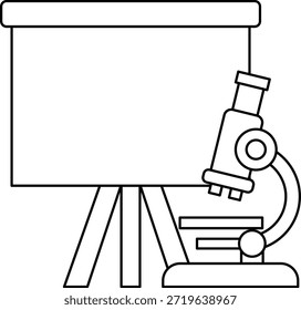Um desenho em preto e branco de um microscópio e uma tela de projetor. O microscópio está no lado direito da imagem e a tela do projetor está no lado esquerdo