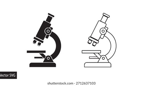 Black and white drawing of a microscope. The microscope is shown in two different positions