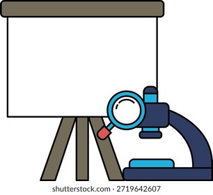 Desenho a preto e branco de um microscópio e de uma lâmina com uma lupa. O microscópio está sobre um suporte e a corrediça está sobre ele. O desenho transmite a ideia da exploração científica