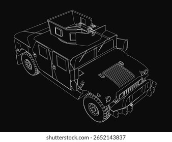 A black and white drawing of a military Humvee, an armored personnel carrier used by the US Army in World War II. The vehicle features a long cylindrical body, flat top.