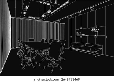 A black and white drawing of a modern conference room with a large table surrounded by chairs. The space includes a sofa, a flower vase, books on shelves, and ceiling lights.