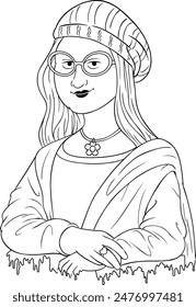 Black and white drawing of the monalisa with hat, glasses, ring and necklace. Vector art. Line art. Outline.