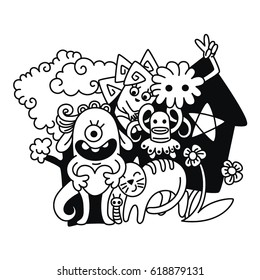 Black and white drawing. Monsters. For coloring. Company of friends. Vector.