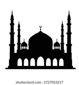 Um desenho preto e branco de uma mesquita. O edifício tem uma cúpula e um minarete. O minarete é alto e tem um topo pontiagudo