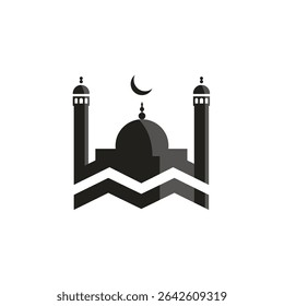 Desenho em preto e branco de uma mesquita com uma lua crescente no topo. Conceito de espiritualidade e reverência para a fé islâmica.