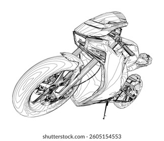 A black and white drawing of a motorcycle with a large front wheel. The motorcycle is shown in a stylized way, with the front wheel taking up a large portion of the image. Scene is one of creativity