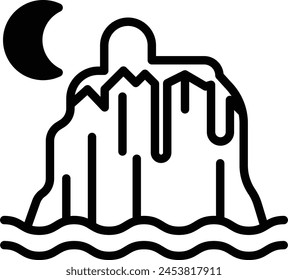A black and white drawing of a mountain with a large body of water in front of it. The water is choppy and the mountain is covered in ice