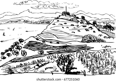 Black and white drawing of the mountain and the Mediterranean Sea