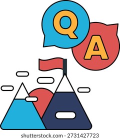 A black and white drawing of a mountain range with a question mark and an A above it. The drawing conveys a sense of curiosity and exploration