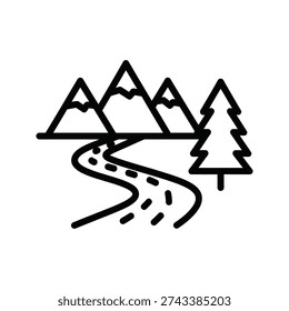 A black and white drawing of a mountain range with a tree and a winding road