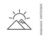 A black and white drawing of a mountain with the sun behind it