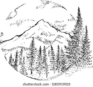Black and white drawing of mountains, clouds, trees, inscribed in a circle and beyond.