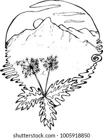 Black and white drawing of mountains, sun, clouds, dandelions in the foreground, in the style of a tattoo