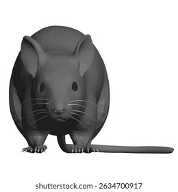 A black and white drawing of a mouse. The mouse is looking at the camera and he is curious. Front view