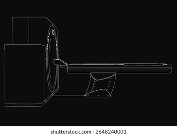 Desenho a preto e branco de uma máquina de IRM, com um desenho cilíndrico com uma pega superior e um painel de controlo lateral. O tomógrafo é envolto em um quadro de metal, exibindo vários botões e botões.