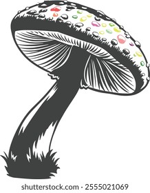 A black and white drawing of a mushroom