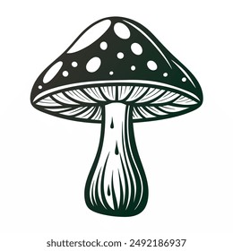 A black and white drawing of a mushroom on a white background