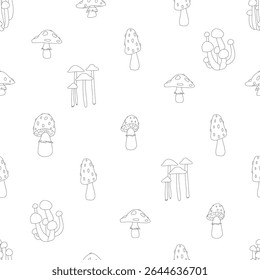 A black and white drawing of mushrooms with a variety of shapes and sizes. Vector seamless pattern with toadstool and fly agaric