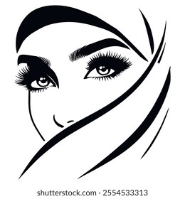 Black and white drawing of a Muslim woman wearing a hijab, with beautiful eyes, long lashes and arched brows. Vector isolated Muslim woman face on white background. Minimalist modern silhouette.