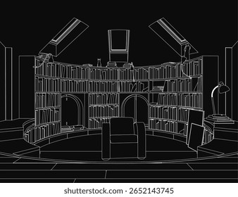 Um desenho preto e branco de uma misteriosa biblioteca com estantes de livros cheias de livros, uma cadeira acolhedora, mesa de madeira e luminária brilhante. O fundo escuro realça a atmosfera enigmática.