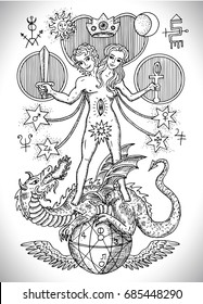 Black and white drawing with mystic and alchemical symbols, androgyne, twins or Gemini concept. Occult and esoteric vector illustration, tattoo art design, gothic engraved background