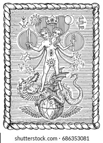 Black and white drawing with mystic and alchemical symbols, androgyne, twins or Gemini concept. Occult and esoteric vector illustration, gothic engraved background in frame