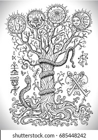 Black and white drawing with mystic and christian religious symbols as snake, tree of knowledge and forbidden fruit. Occult and esoteric vector illustration, tattoo concept, gothic engraved background