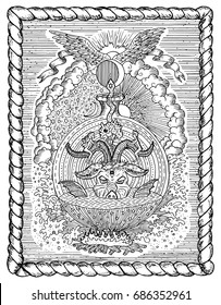 Black and white drawing with mystic and christian religious symbols as Devil, Eve and Adam, hell and paradise in frame. Occult and esoteric vector illustration, gothic engraved background